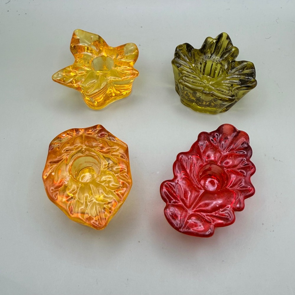 Vintage Colorful Glass Leaf Candle Holder Set Red Orange Yellow Green 4pc
